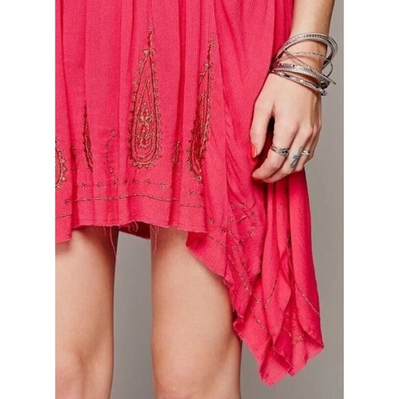 RARE NWT Free People Pink & Gold Embroidered Asymmetrical Boho Gypsy Slip Dress - Picture 7 of 16